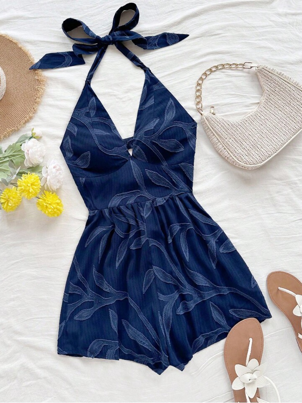 SOLY HUX by SHEIN Navy Halter Leaf-Print Romper